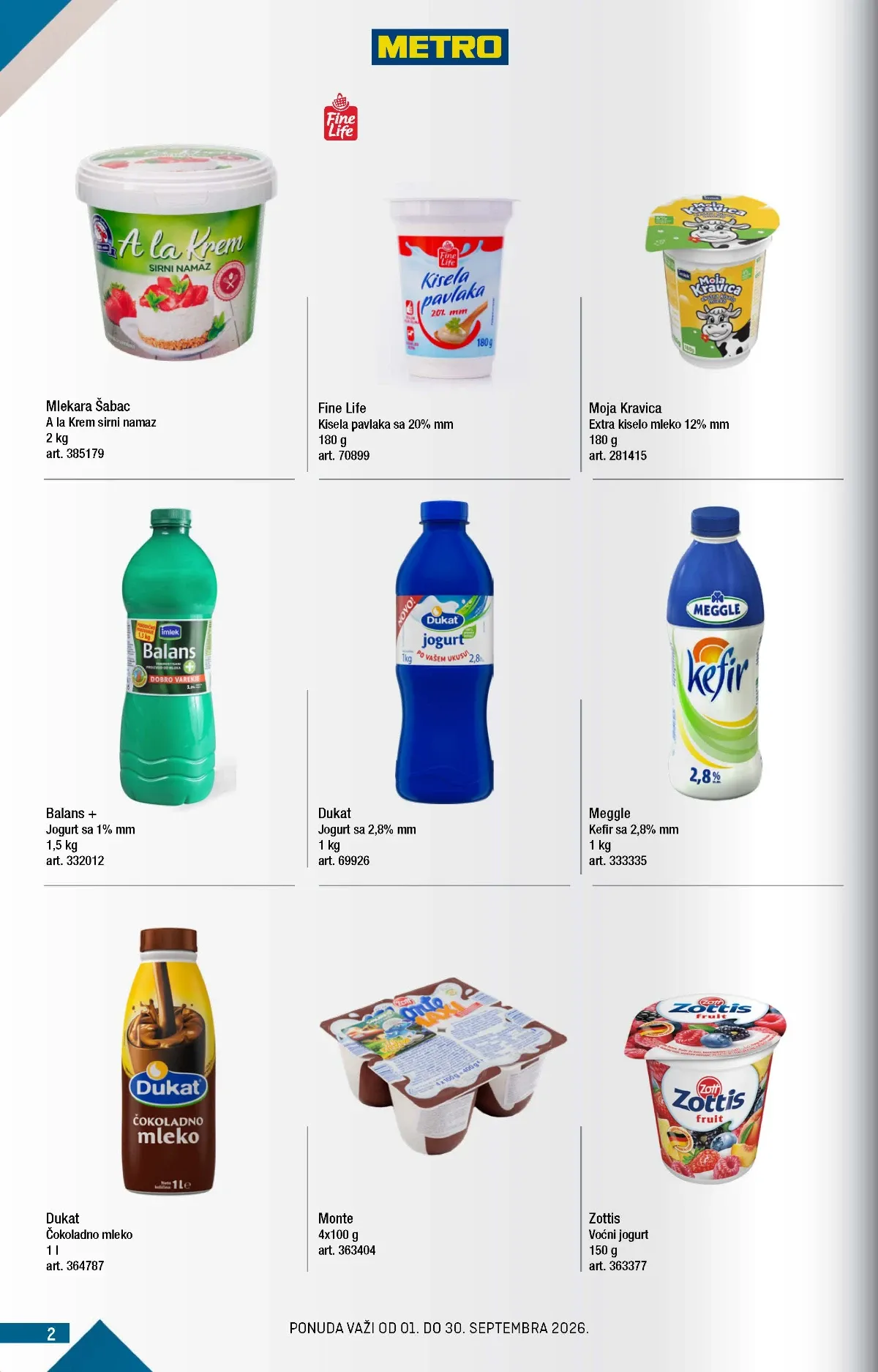 METRO katalog strana 2 – Mlekara Šabac sirni namaz, Balans plus jogurt i Moja Kravica kiselo mleko