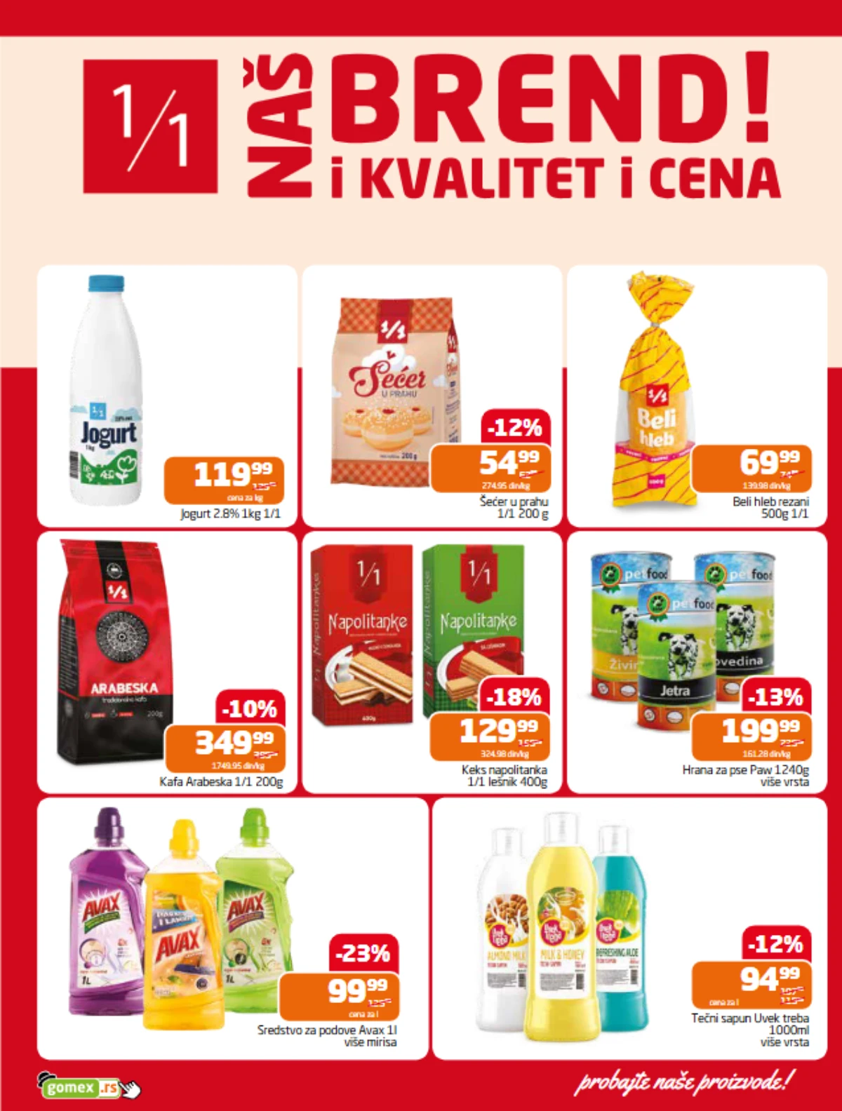 Gomex Naš brend akcija do 23% popusta – prehrambeni i kućni proizvodi po povoljnijim cenama