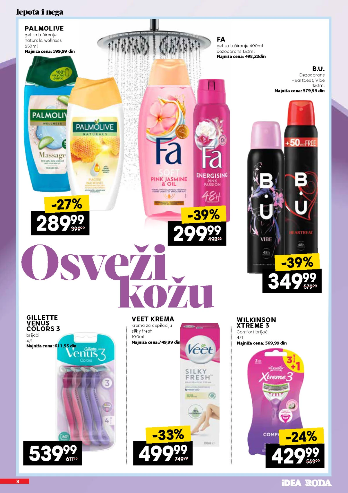 IDEA, Roda i Mercator katalog – Palmolive, Fa, B.U., Veet i Wilkinson proizvodi za negu tela
