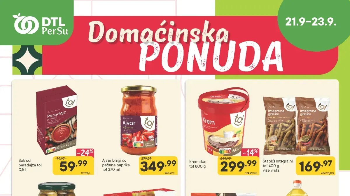 DTL PerSu Domaćinska i Sveža akcija od 21. do 23.09.2026. – prehrambeni proizvodi, voće, povrće i kućne potrepštine uz popuste do 41%