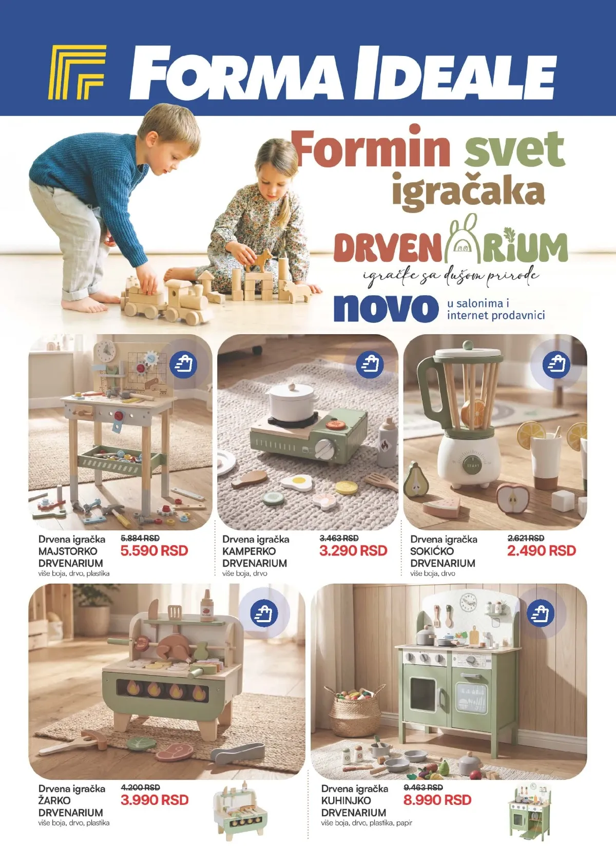 Druga strana Forma Ideale Drvenarijum ponude sa drvenim kuhinjama, radionicom, blenderom, šporetom i drugim igračkama