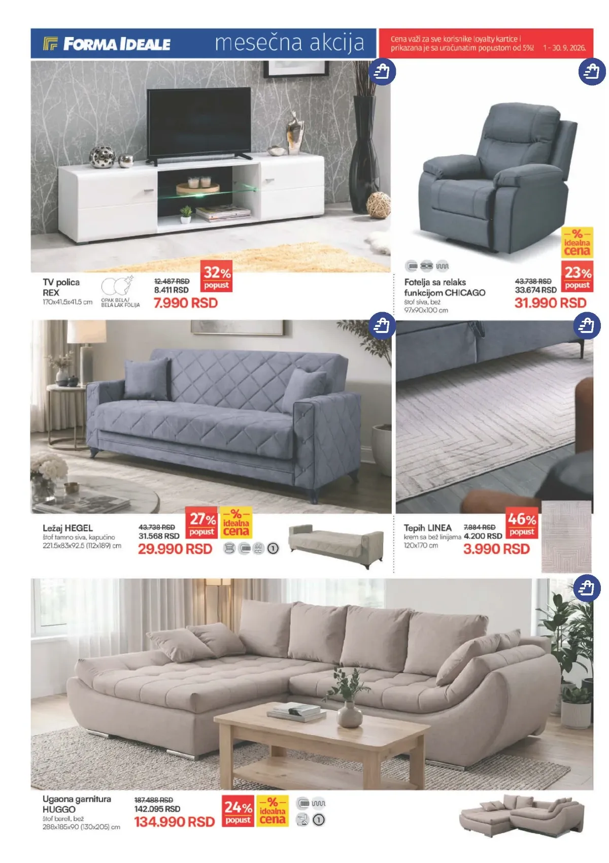 Forma Ideale katalog septembar 2026. – ugaone garniture, ležaj, fotelja, TV polica i tepih na akciji