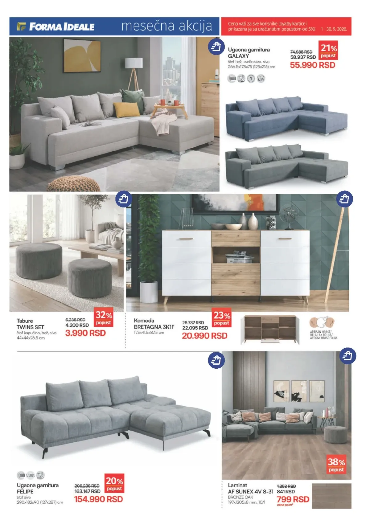 Forma Ideale katalog septembar 2026. – ugaone garniture, taburei, komode i laminat na sniženju