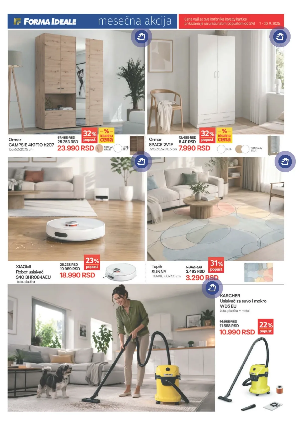 Forma Ideale katalog septembar 2026. – ormari, tepih, Xiaomi robot usisivač i Karcher usisivač na akciji