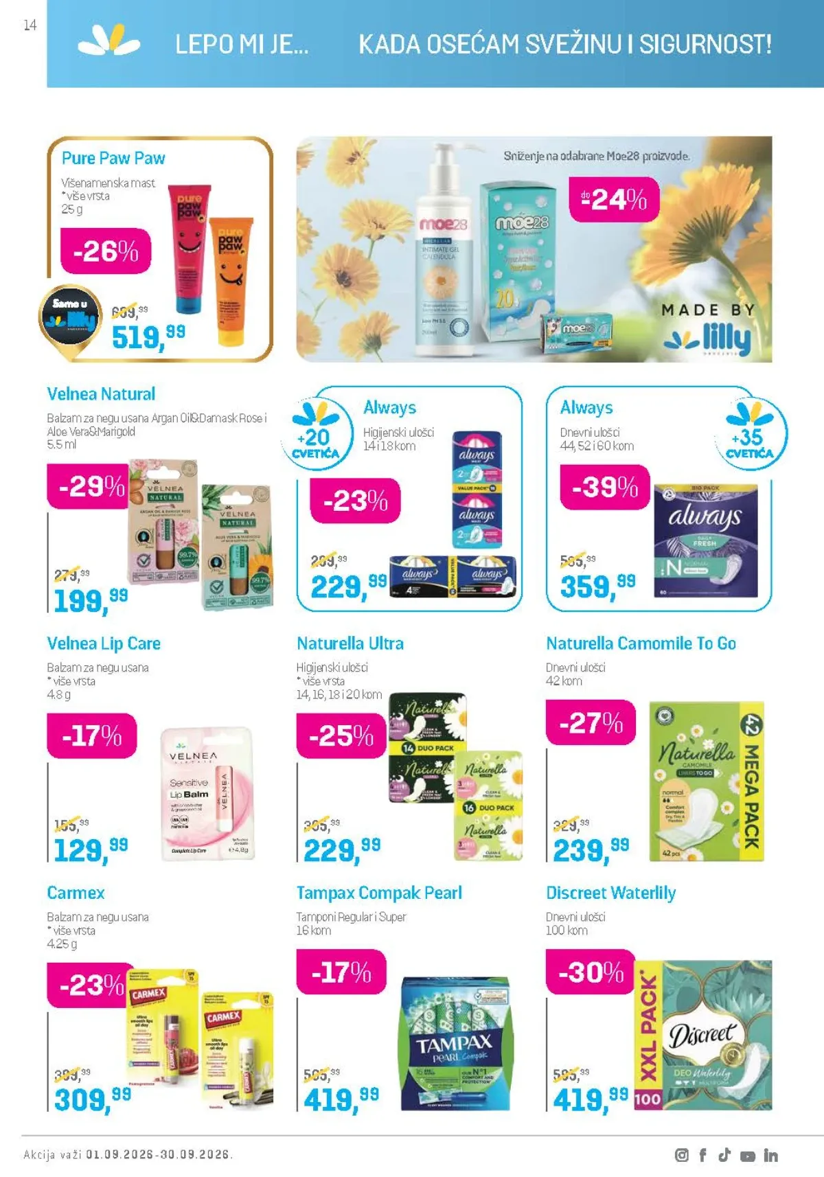 Lilly katalog septembar 2026. – Always, Discreet i Velnea proizvodi za intimnu negu