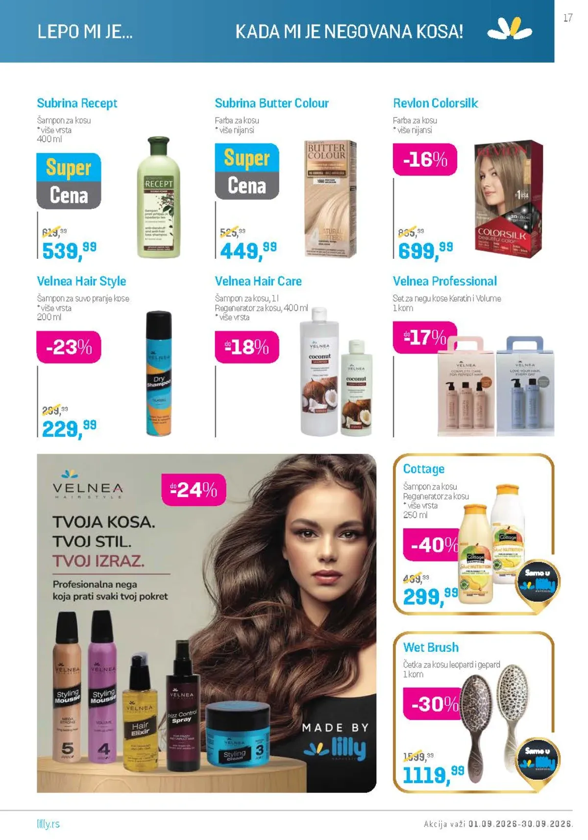 Lilly katalog septembar 2026. – Cottage, Wet Brush i Velnea proizvodi za kosu