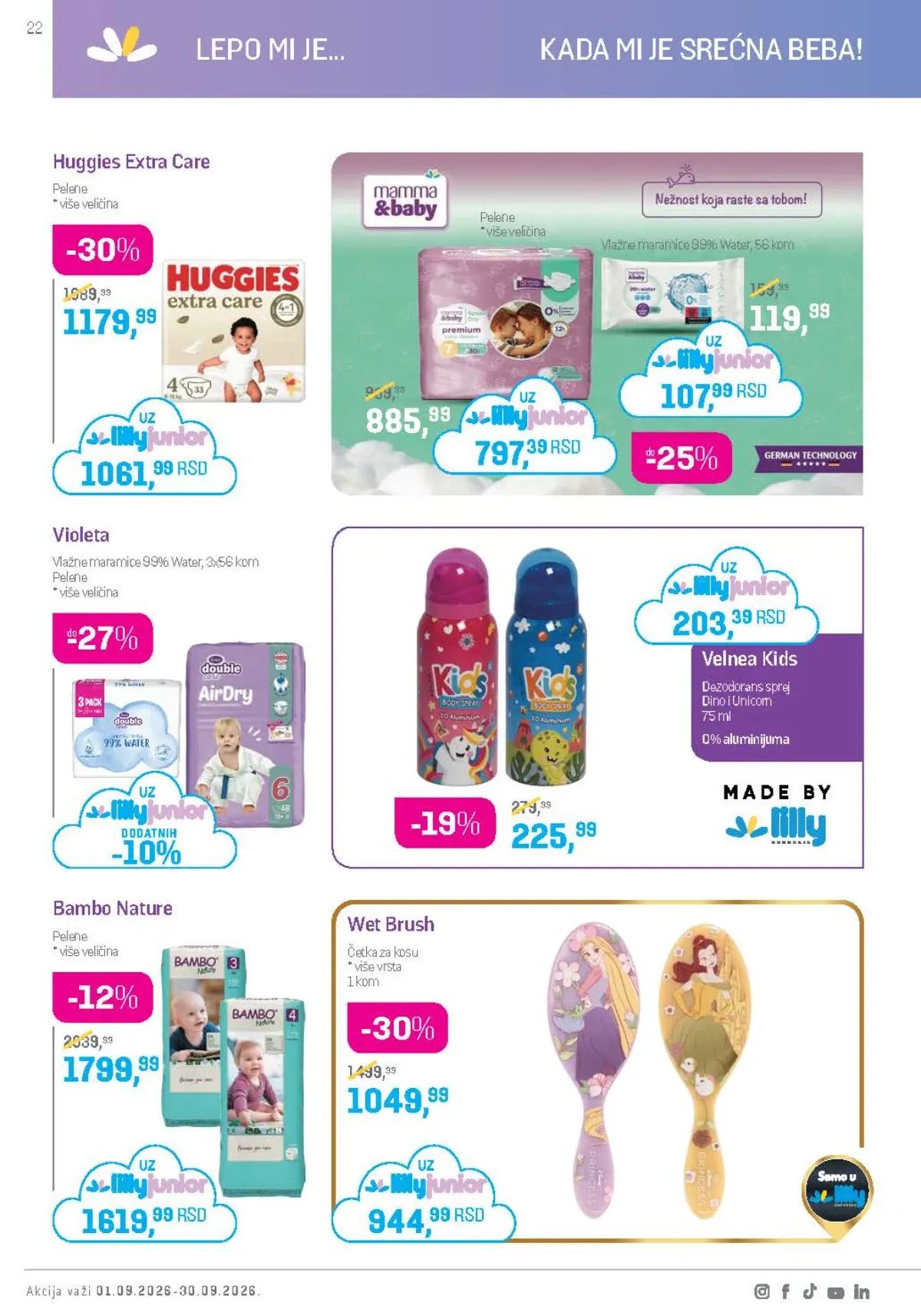Lilly katalog septembar 2026. – Huggies, Violeta i Bambo Nature pelene