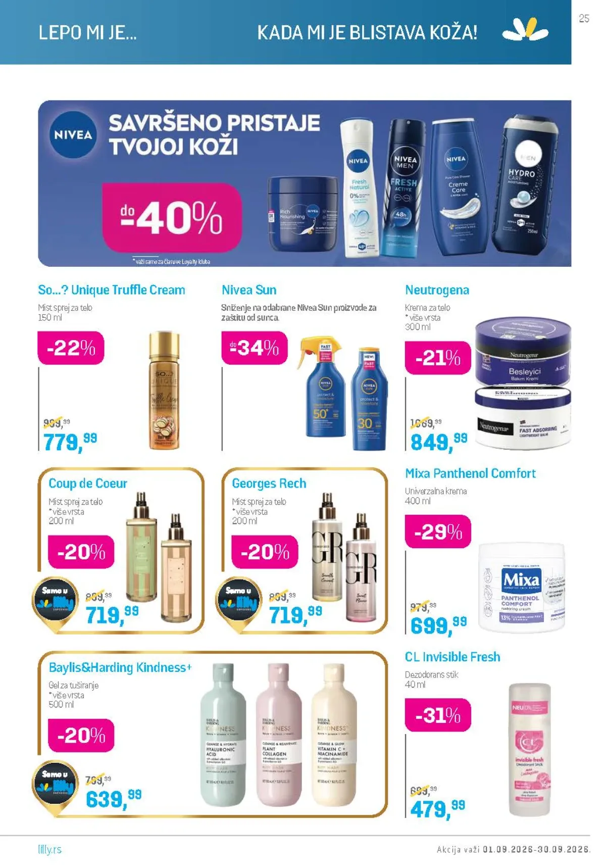 Lilly katalog septembar 2026. – Nivea Sun, Mixa i Neutrogena proizvodi za negu