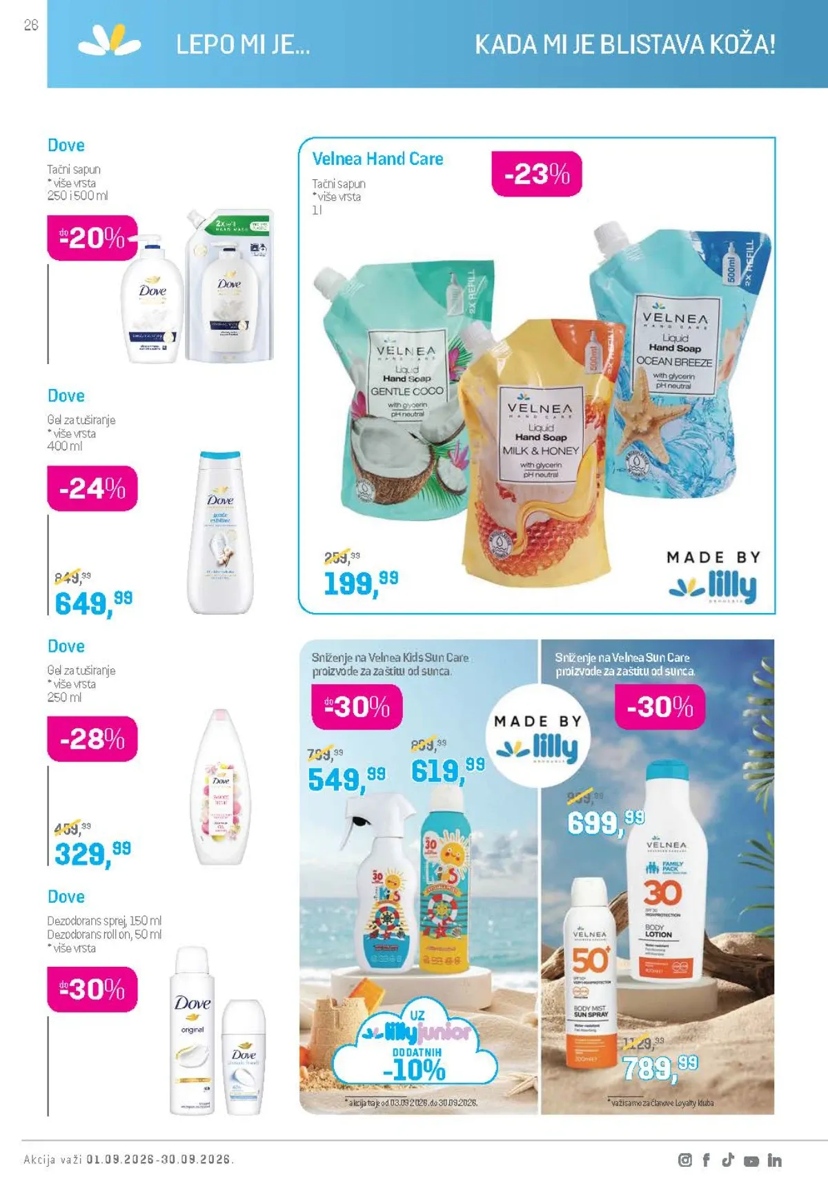 Lilly katalog septembar 2026. – Velnea Sun Care i Dove proizvodi za negu tela