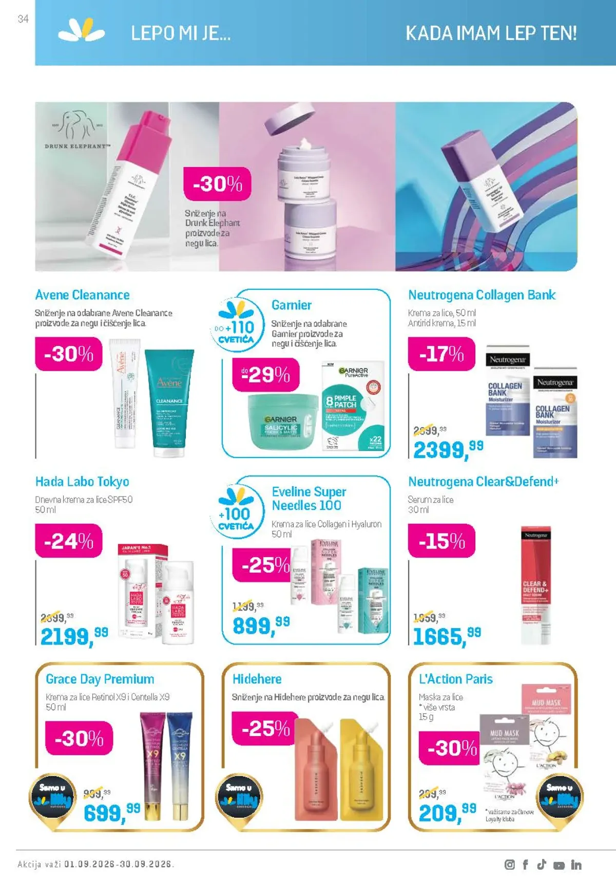 Lilly katalog septembar 2026. – Drunk Elephant, Avene i Garnier proizvodi za lice