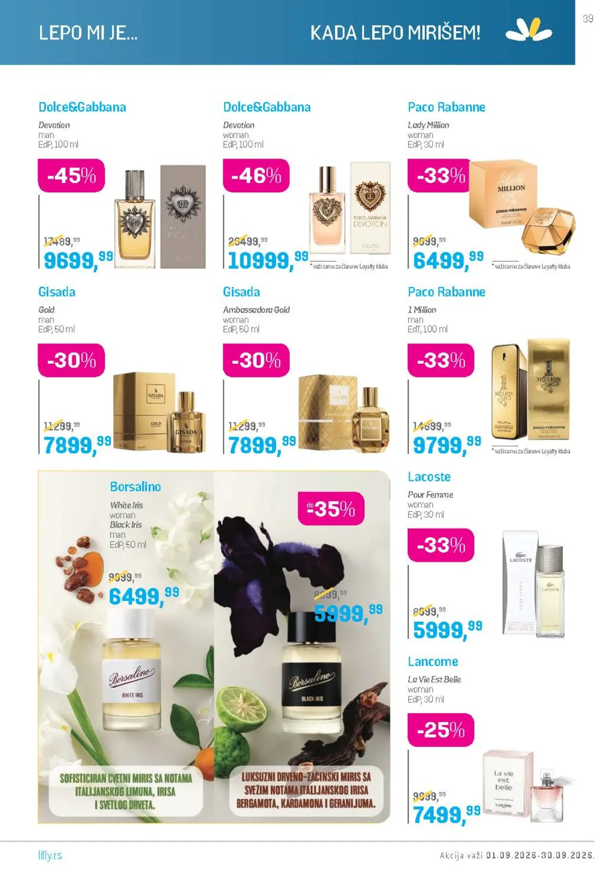 Lilly katalog septembar 2026. – Dolce Gabbana, Borsalino i Paco Rabanne parfemi