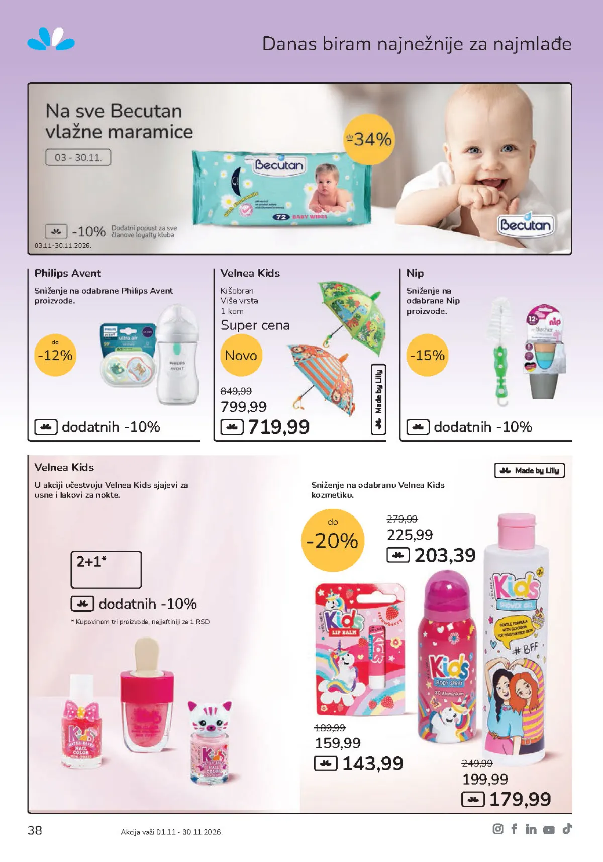 Lilly katalog strana 38 – Becutan vlažne maramice i Velnea Kids kišobrani