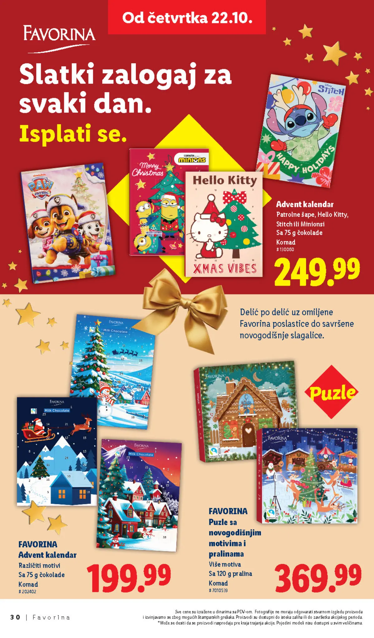 Favorina advent kalendar sa 75 g čokolade za 199,99 dinara i puzle sa pralinama za 369,99 dinara