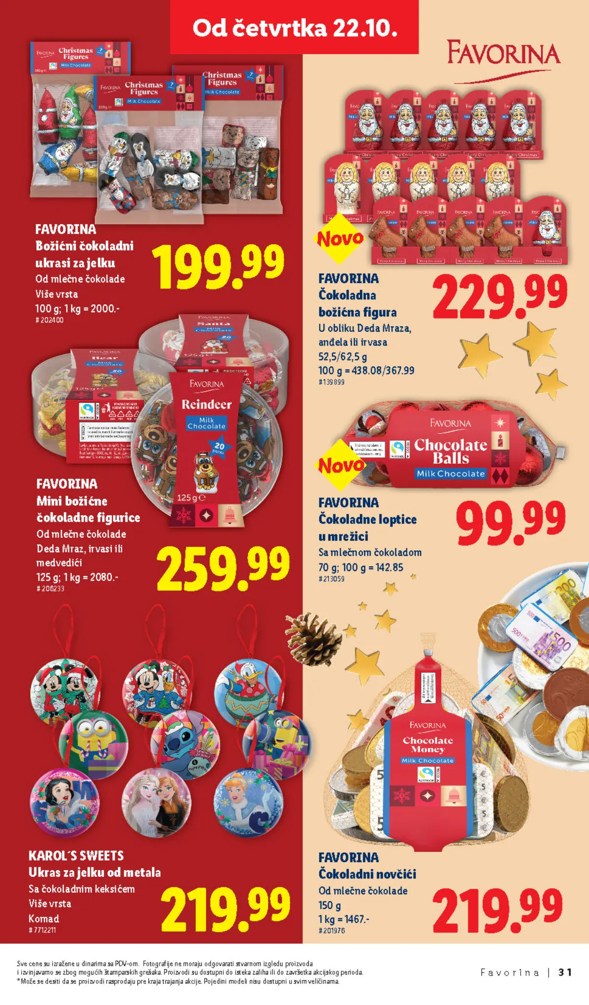 Favorina čokoladni ukrasi za jelku, božićne figurice i čokoladni novčići