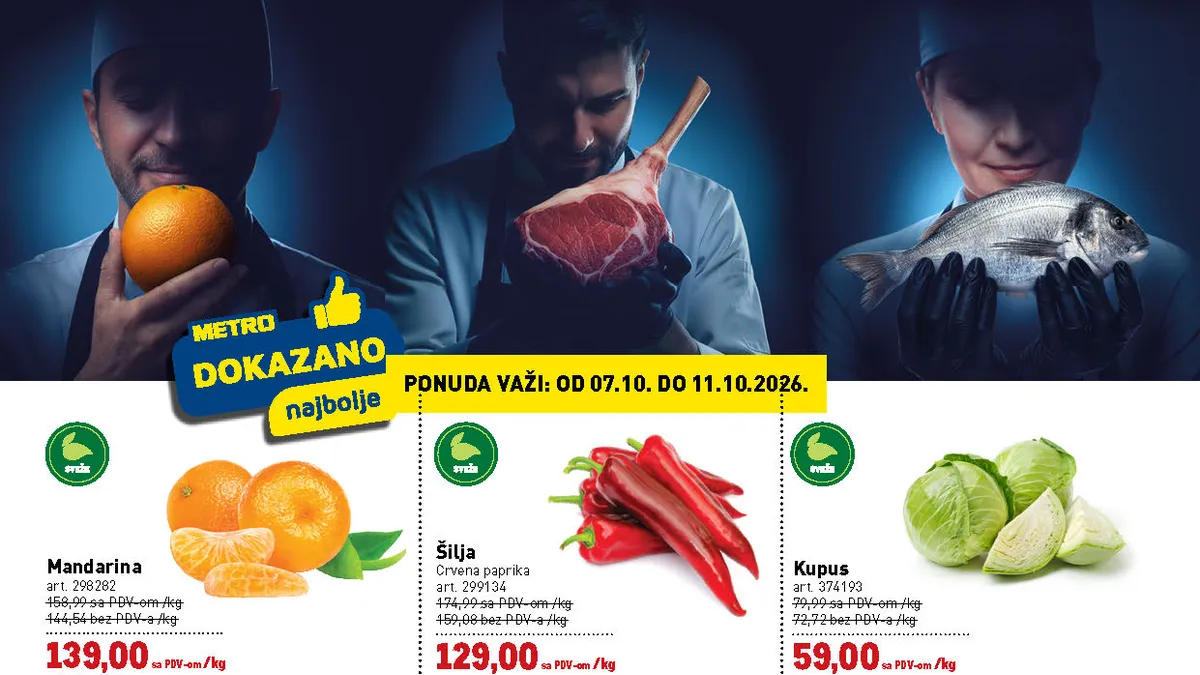 METRO Dokazano najbolje akcija od 07. do 11.10.2026. – mandarine, crvena paprika, kupus, teleći vrat, svinjski kare i vrat, losos, brancin i kuvane kozice po akcijskim cenama
