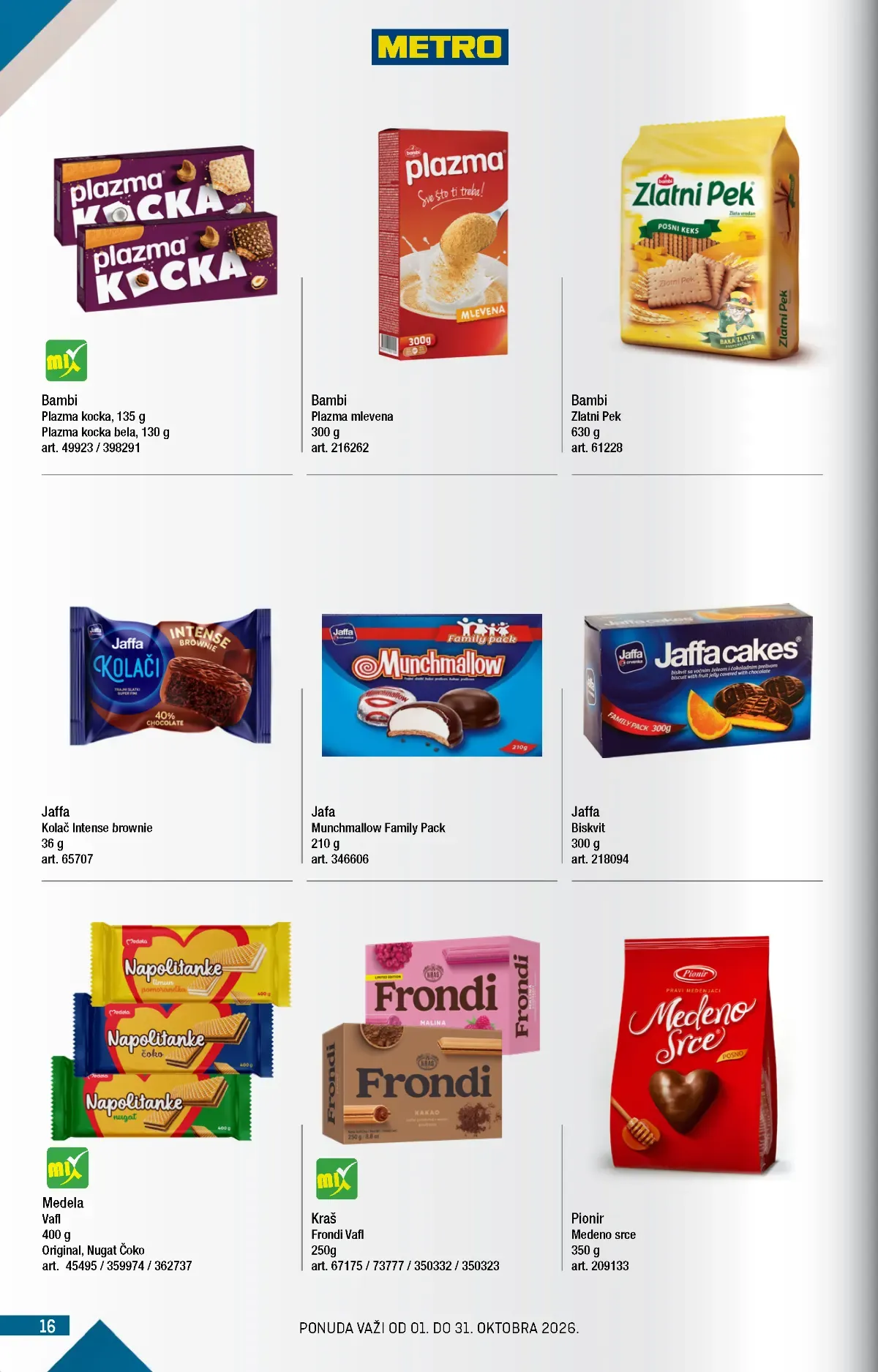METRO katalog strana 16 – Plazma, Jaffa, Munchmallow i Medeno srce