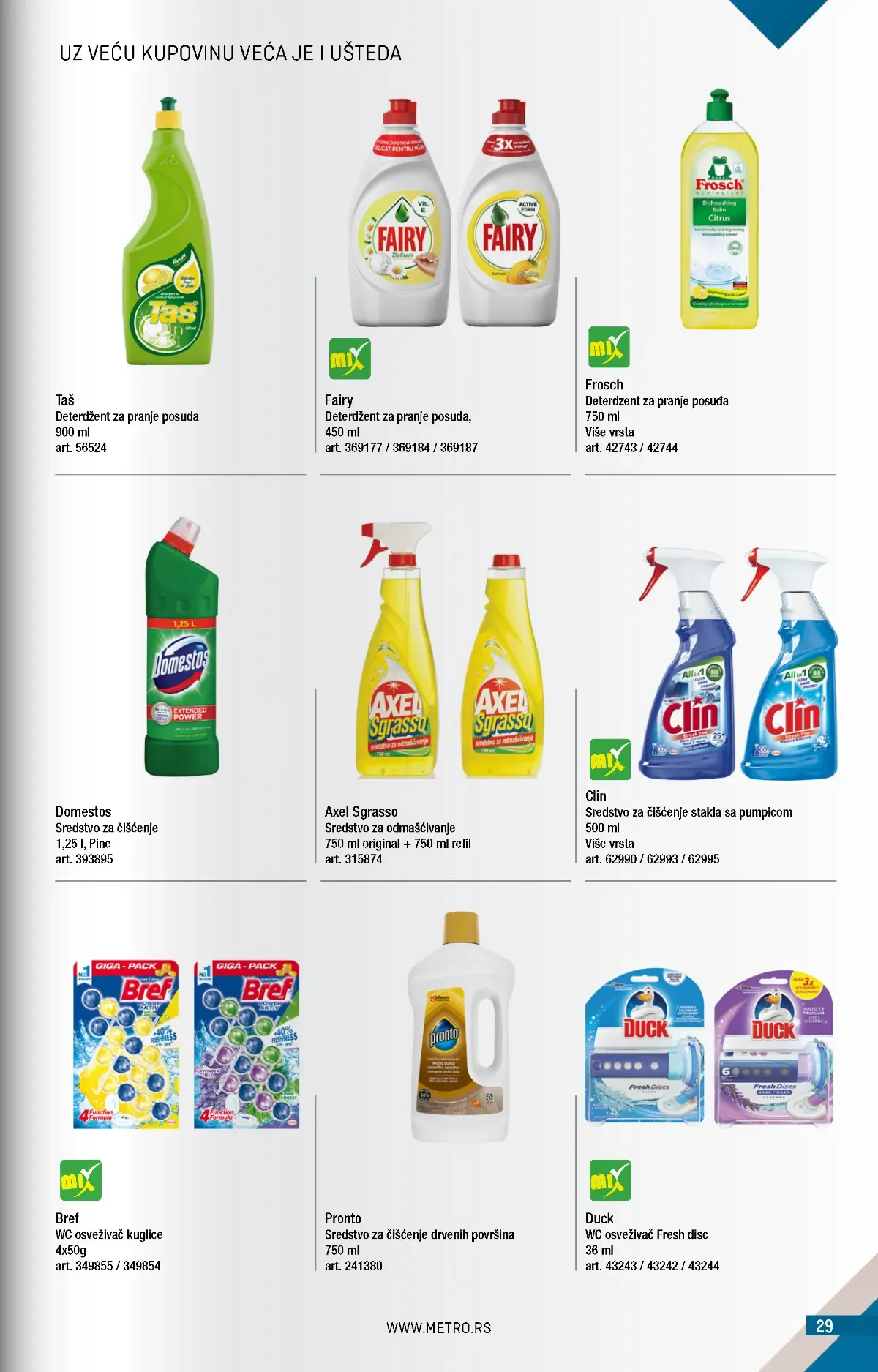 METRO katalog strana 29 – Fairy, Frosch, Domestos, Clin i sredstva za čišćenje