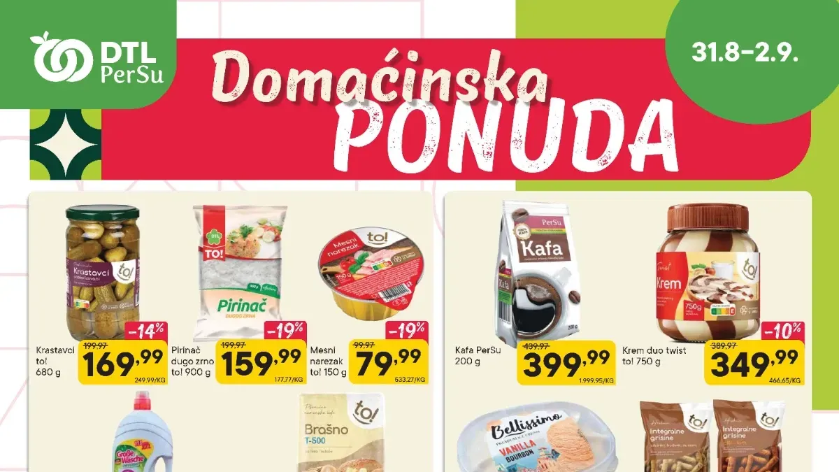 PerSu Domaćinska i Sveža akcija od 31.08. do 02.09.2026. – prehrana, voće, povrće, piće i kućne potrepštine uz sniženja do 36%