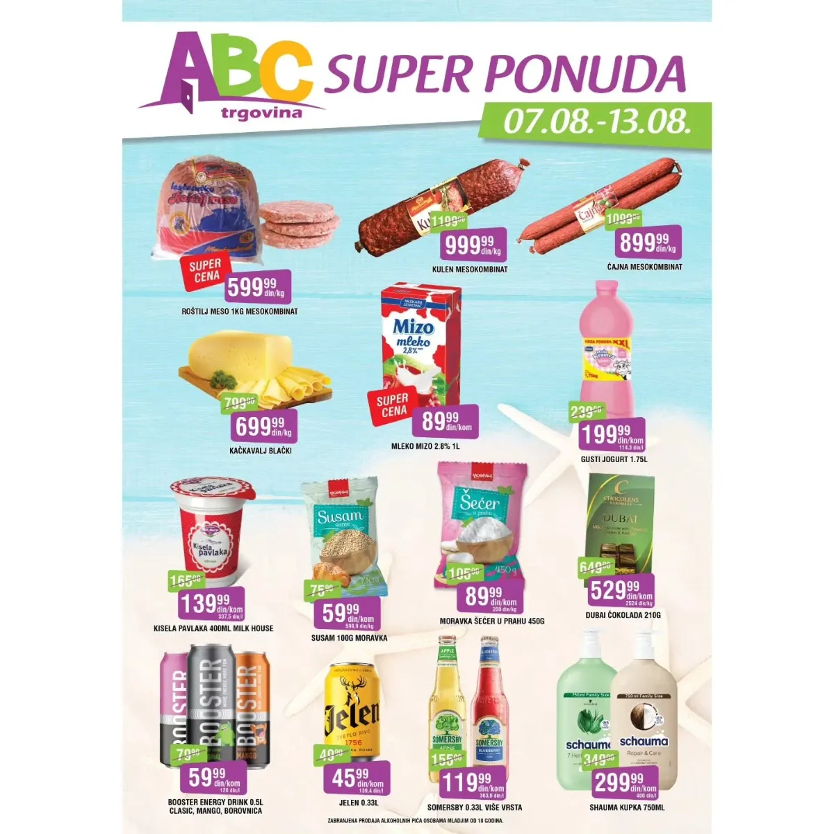 ABC Trgovina SUPER ponuda od 07.08. do 13.08.2026. – roštilj meso, kulen, čajna kobasica, kačkavalj, mlijeko, pavlaka, piće i drugi proizvodi po akcijskim cijenama