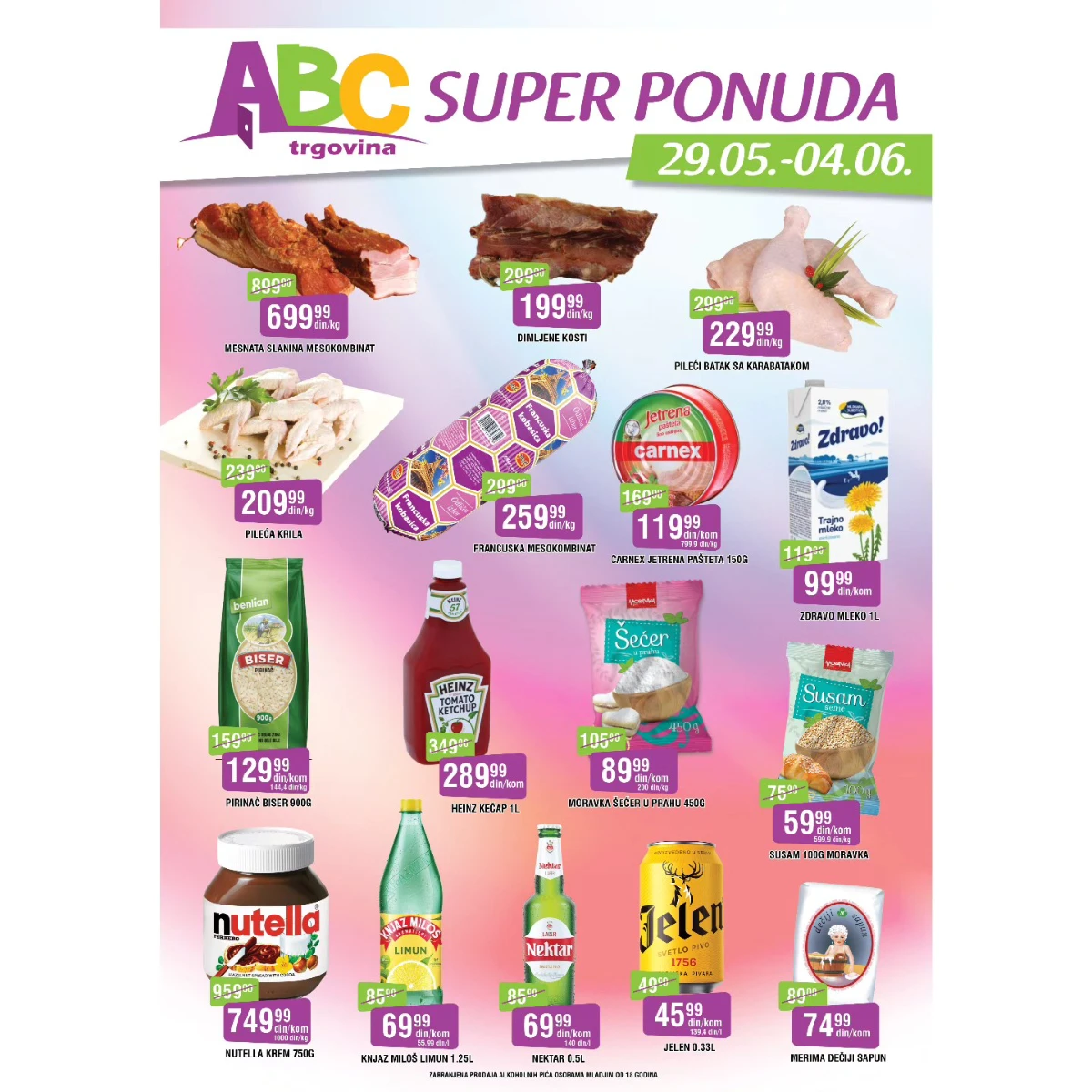 ABC Super ponuda 29.05–04.06.2026 – pileći batak, dimljene kosti, mleko, Nutella i prehrana na akciji