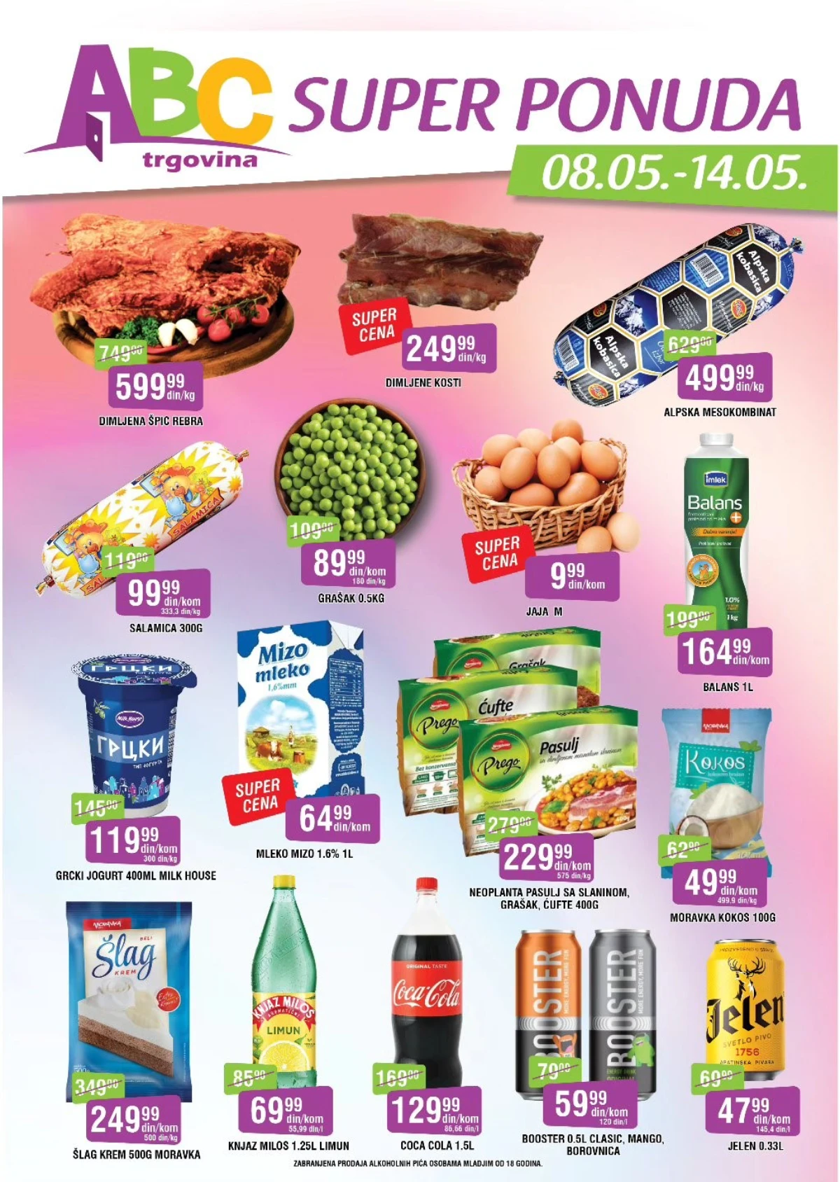 ABC SUPER ponuda do 14.05.2026 – jaja 9,99 din, Coca-Cola 129,99 din i Alpska kobasica 499,99 din