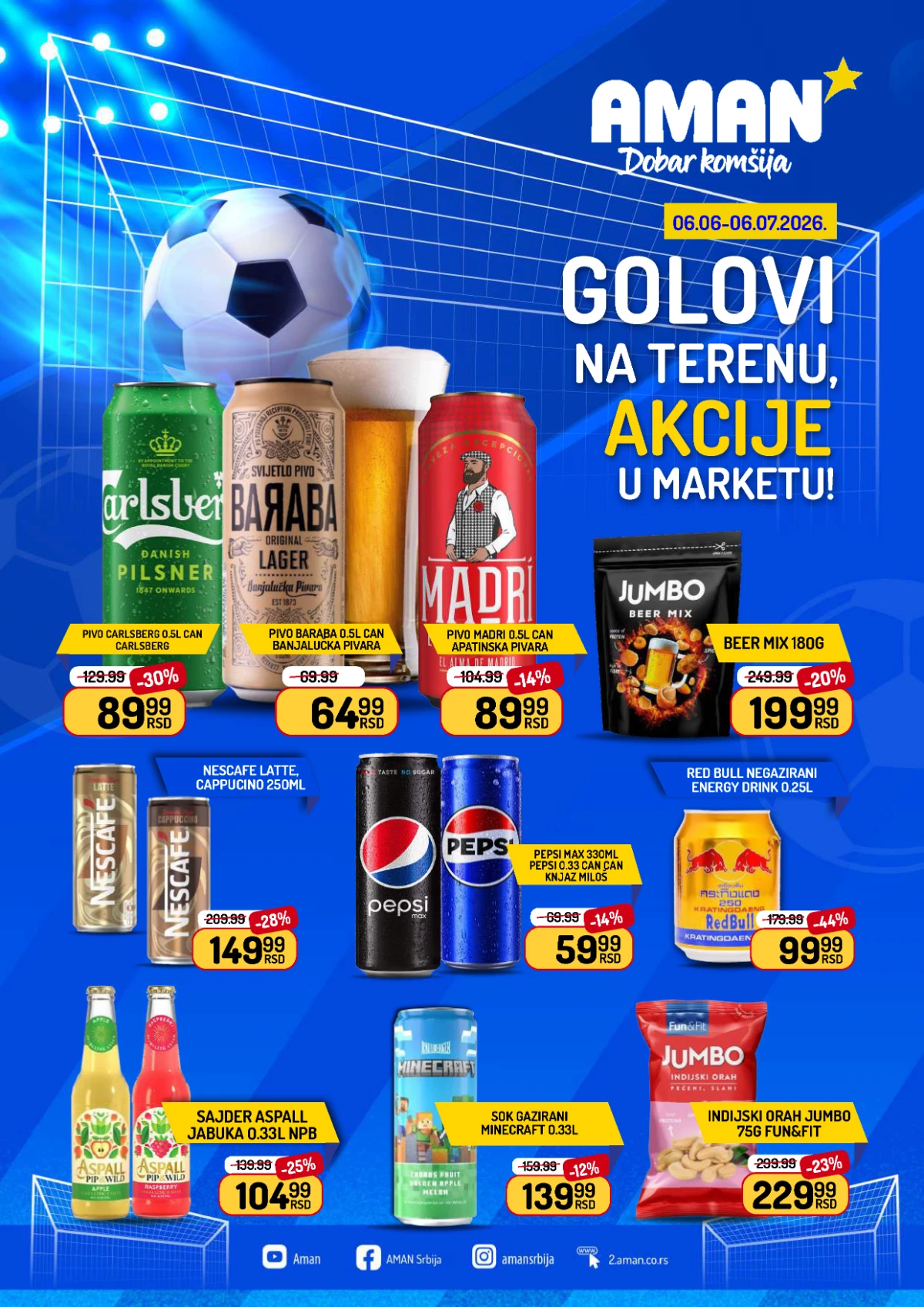 Aman akcija do 30% popusta – pivo, grickalice, energetska pića i navijačke ponude do 06.07.2026