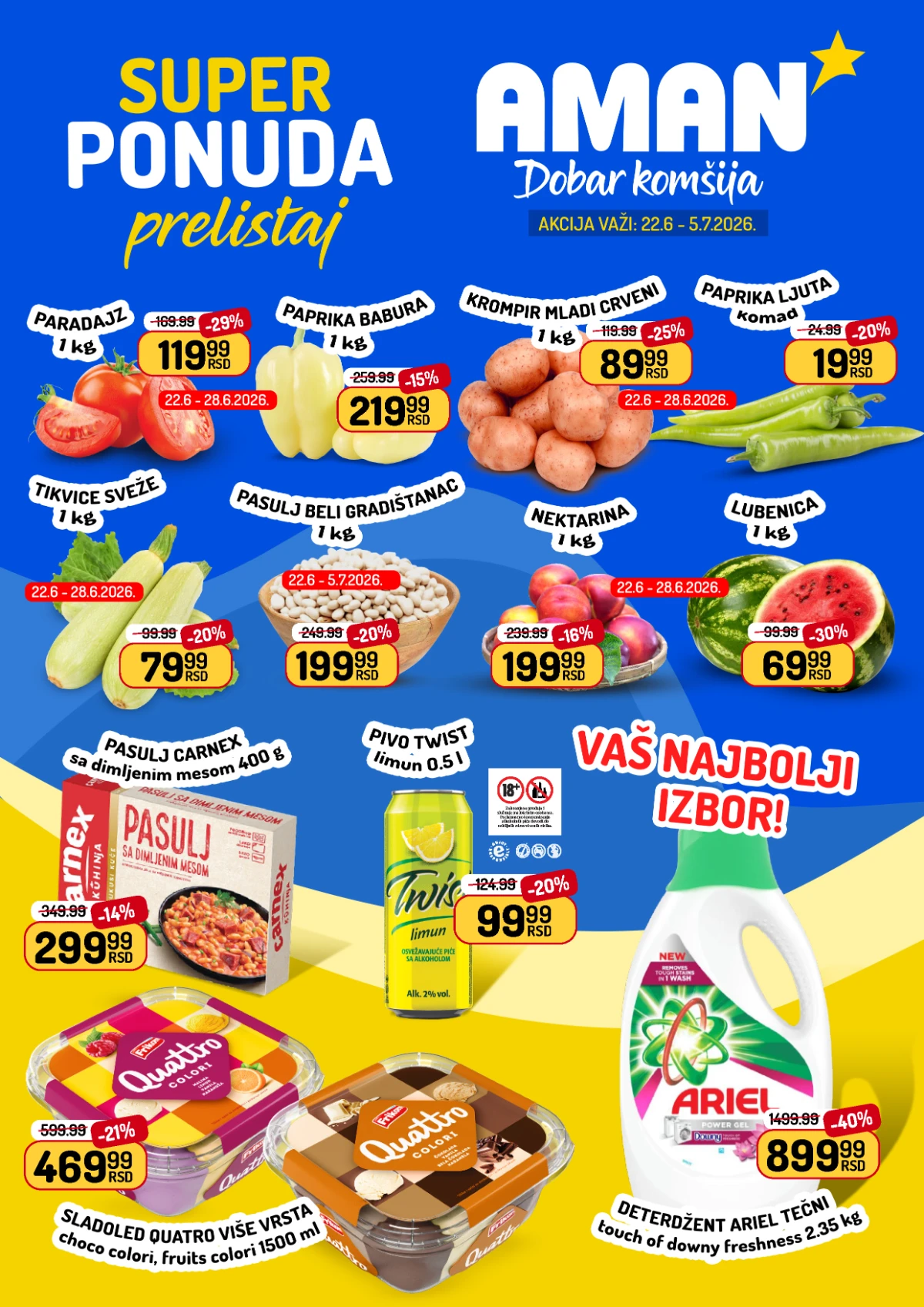 Aman akcija do 40% popusta – voće, povrće, mesne prerađevine i proizvodi za domaćinstvo do 05.07.2026