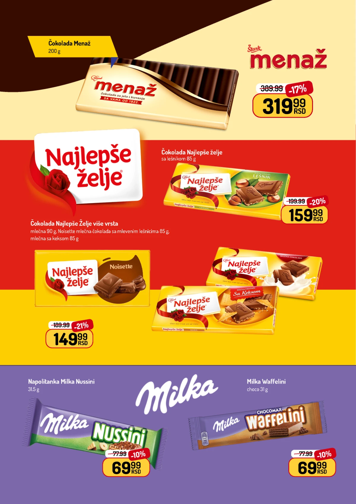 Aman katalog jun 2026 – čokolade Najlepše želje, Menaž i Milka na sniženju