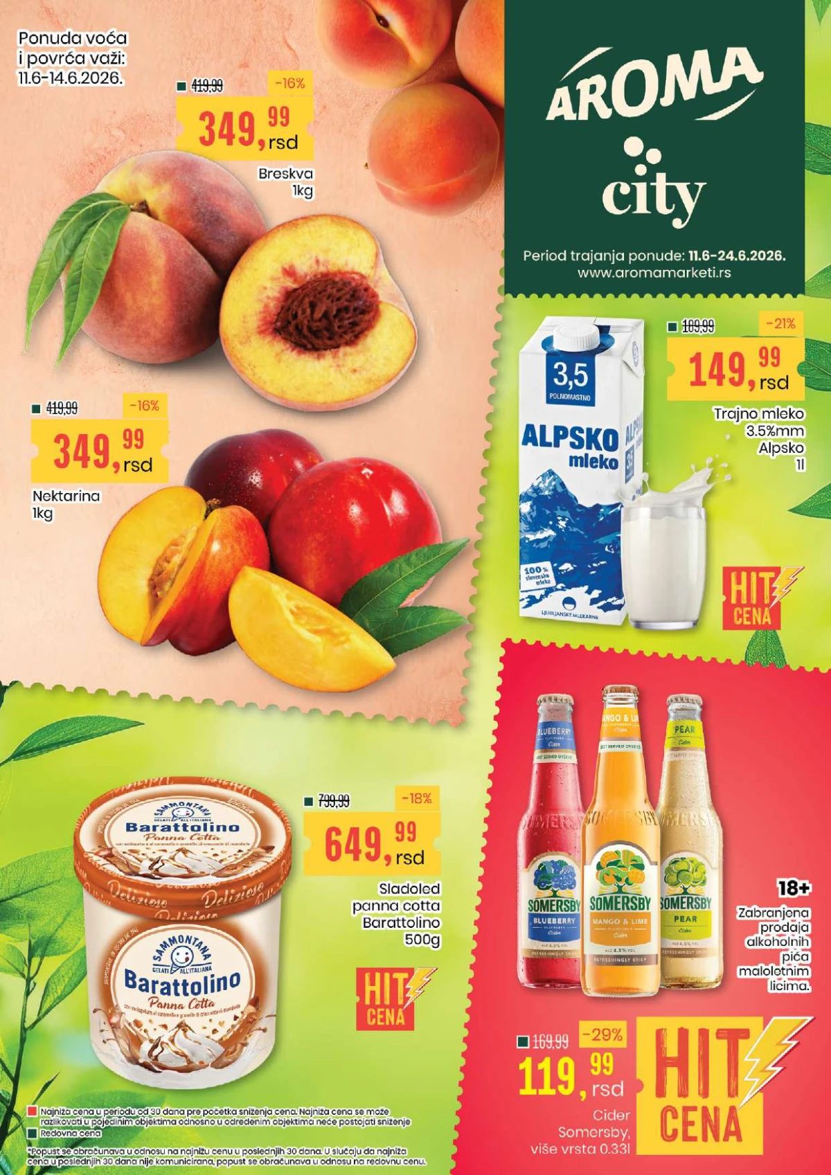 Aroma City akcija do 24.06.2026 – breskve 349,99 RSD, nektarine 349,99 RSD, Alpsko mleko 149,99 RSD i Somersby cider 119,99 RSD