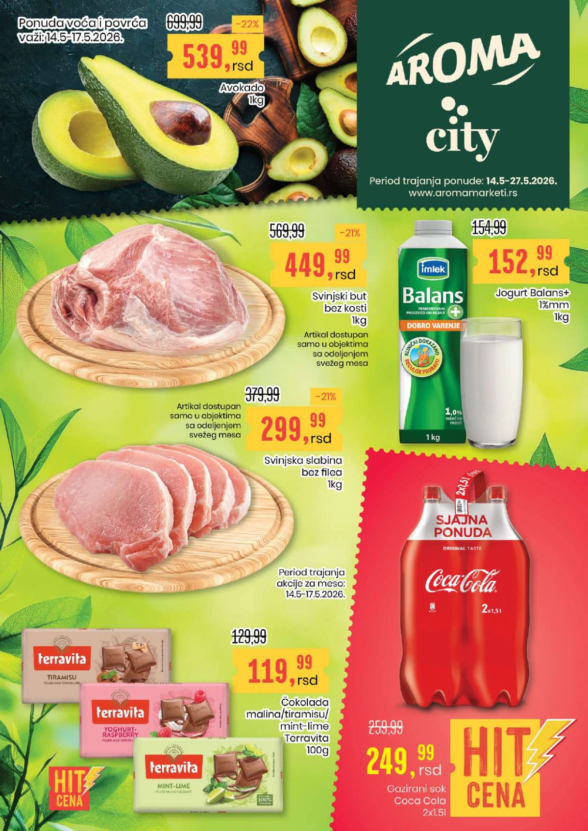 Aroma City akcija do 27.05.2026 – svinjski but 449,99 RSD, Coca-Cola 249,99 RSD i avokado 539,99 RSD