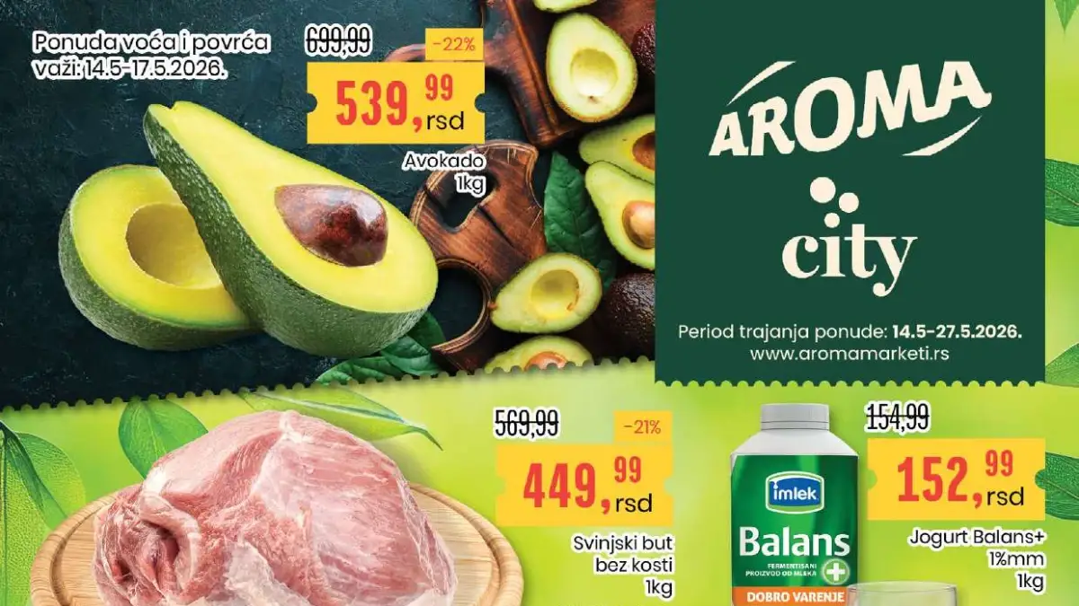 Aroma City katalog sniženja do 27.05.2026 prehrana i piće Aroma City akcija do 27.05.2026 svinjski but Coca-Cola avokado i prehrambeni proizvodi