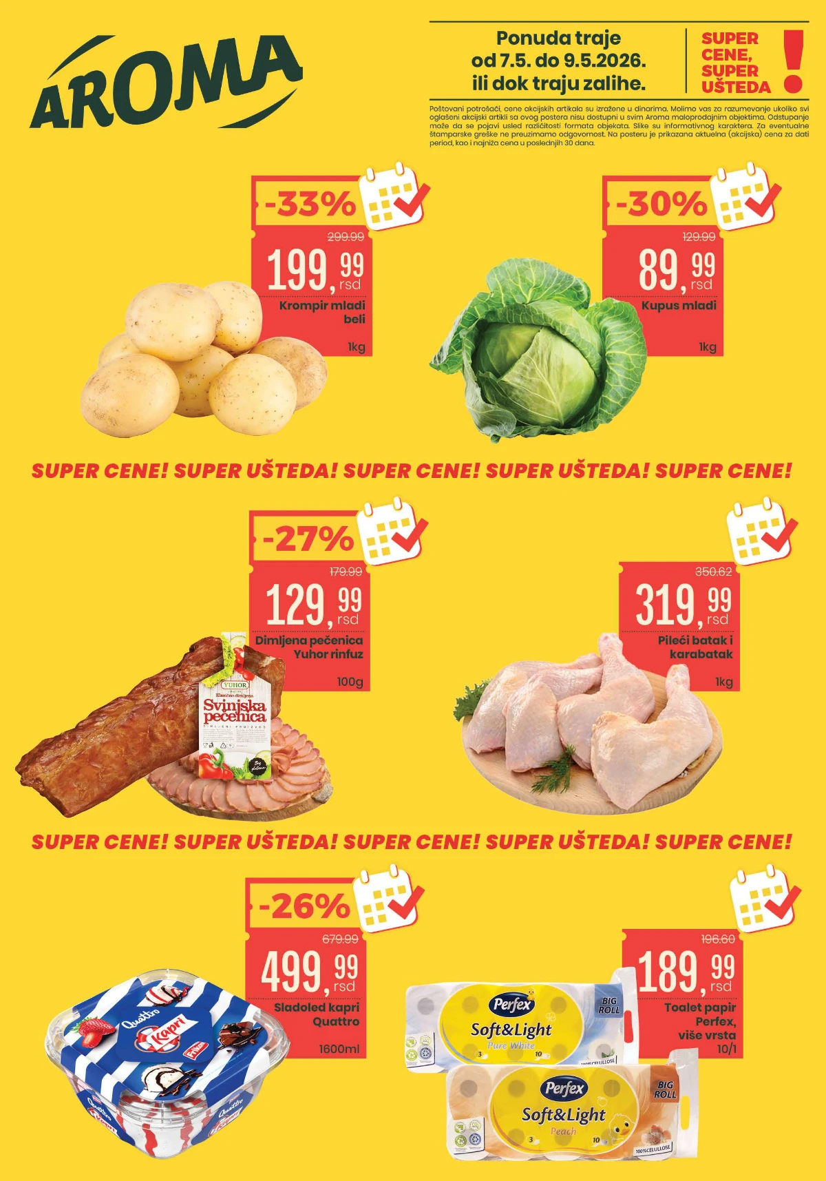 Aroma akcija do 33% – mladi krompir 199,99 din, pileći batak 319,99 din i Perfex toalet papir 189,99 din