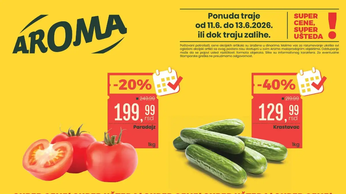 Aroma i City vikend akcija jun 2026 – krastavac 129,99 din, paradajz 199,99 din i sladoled Nirvana 799,99 din