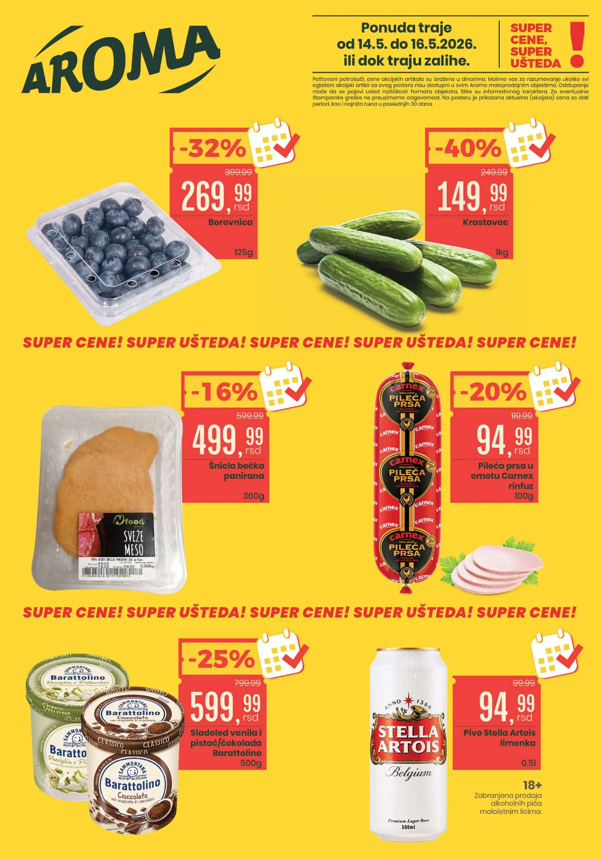 Aroma vikend akcija maj 2026 – borovnice 269,99 din, krastavac 149,99 din i Stella Artois 94,99 din