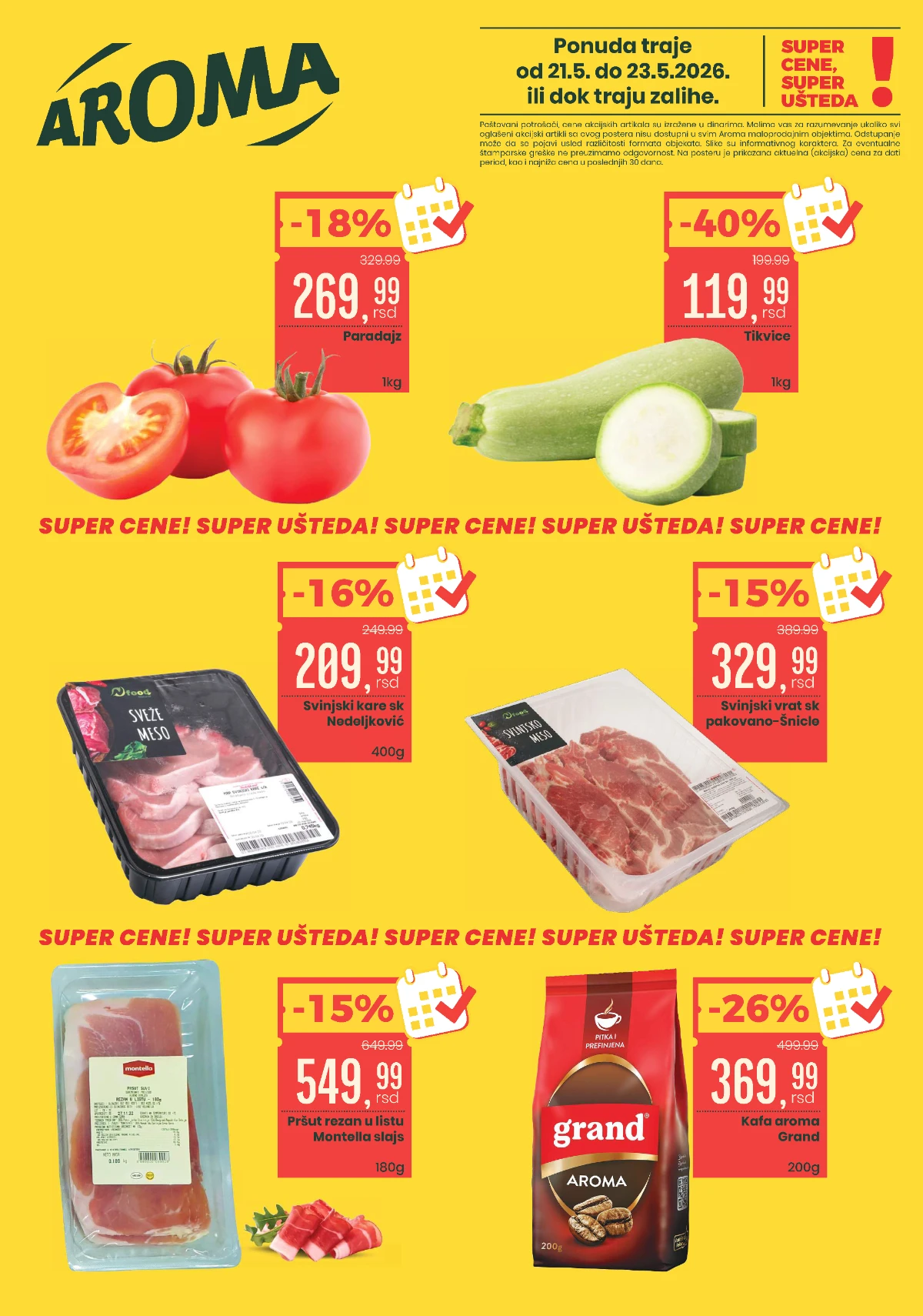 Aroma City vikend akcija maj 2026 – paradajz 269,99 din, tikvice 119,99 din i Grand kafa 369,99 din