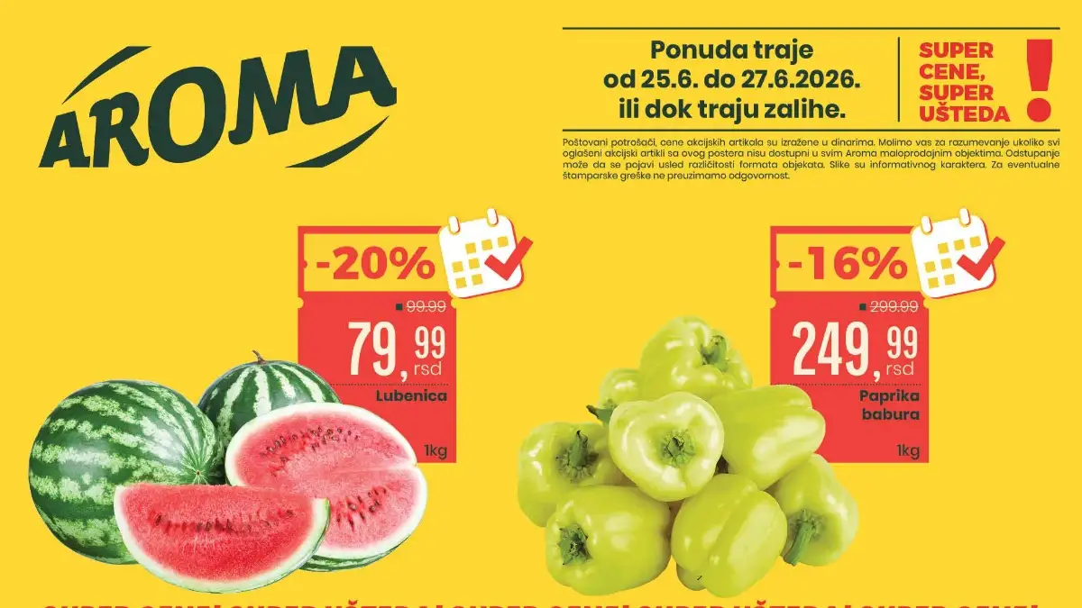 Aroma City vikend akcija od 25. do 27.06.2026 – lubenica, paprika, meso, suhomesnati proizvodi i ostale akcijske cene