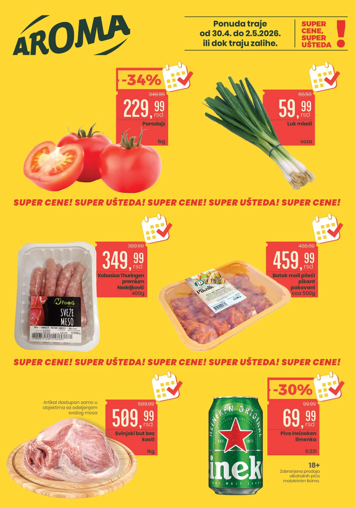 Aroma akcija – paradajz 229,99 RSD, luk mladi 59,99 RSD, meso i Heineken sniženje do 02.05.2026