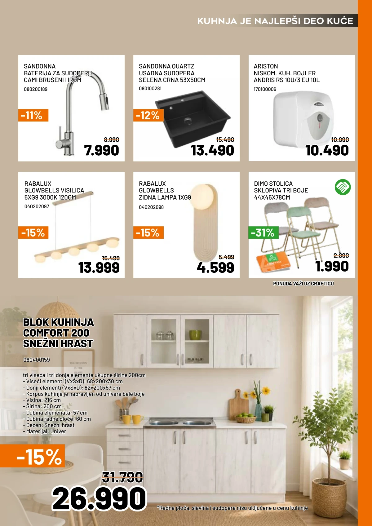 Crafter katalog jul 2026 sa kuhinjskim elementima, slavinama i rasvetom