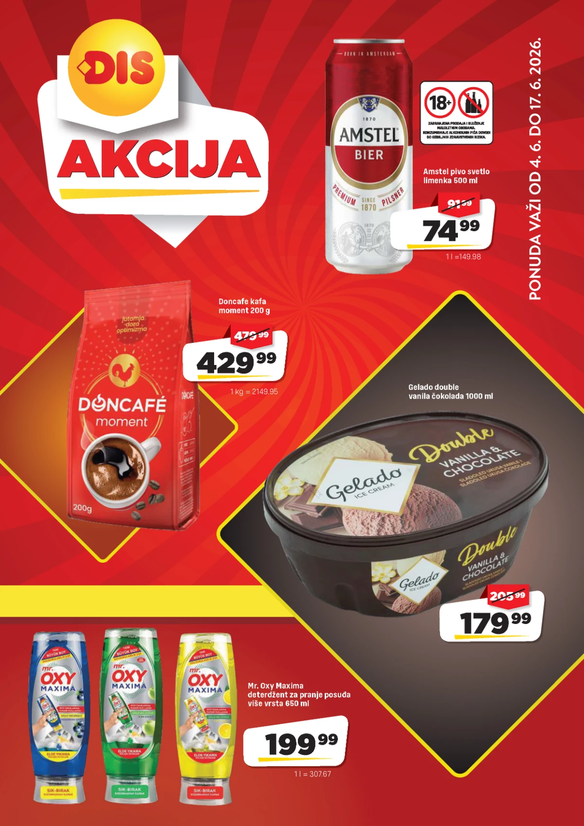 DIS katalog akcija od 04.06. do 17.06.2026 – Amstel pivo, Doncafe kafa, Gelado sladoled i deterdžent za sudove
