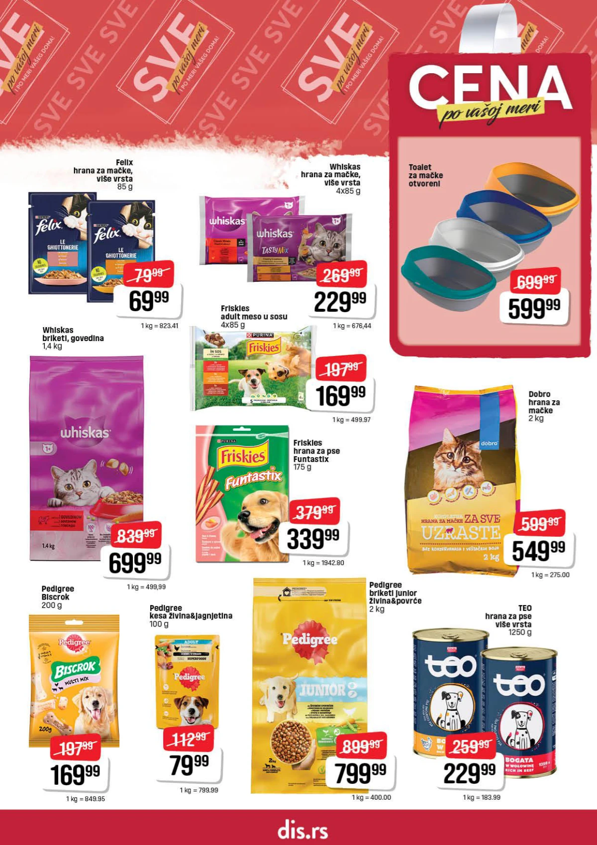 DIS katalog pet shop maj 2026 hrana za pse i mačke Whiskas Felix Pedigree i Friskies