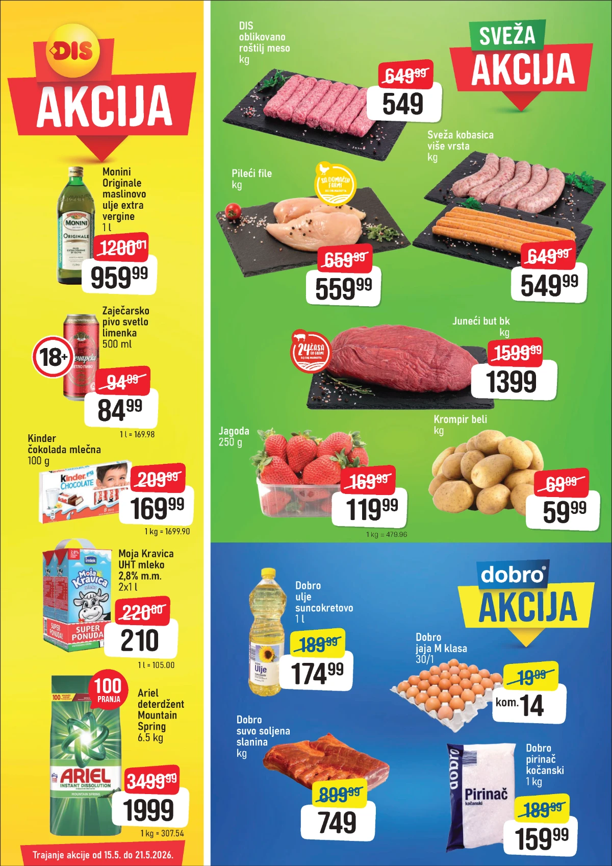 DIS akcija do 21.05.2026 – juneći but 1.399 din, pileći file 559,99 din i jagode 119,99 din