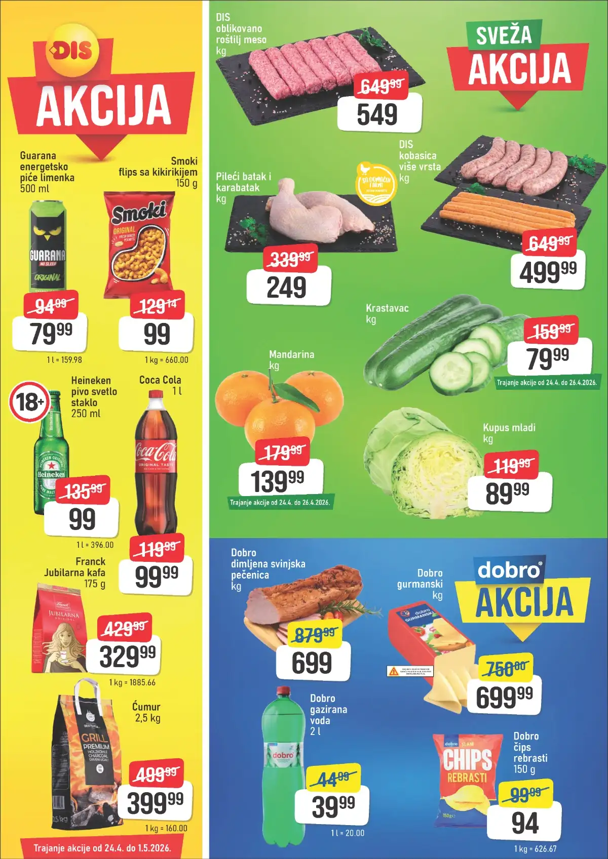 DIS nedeljna akcija katalog sniženja prehrane, pića i kućnih proizvoda do 01. maja 2026.