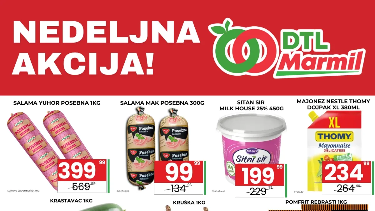 DTL Marmil nedeljna sniženja do 30.07.2026. – prehrambeni proizvodi, voće, povrće, mlečni proizvodi i proizvodi za domaćinstvo po sniženim cenama