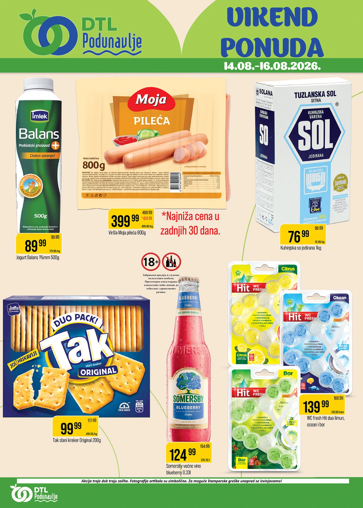 DTL Podunavlje vikend ponuda od 14.08. do 16.08.2026. – Balans jogurt, Moja pileća viršla, Tak krekeri, Somersby i proizvodi za domaćinstvo