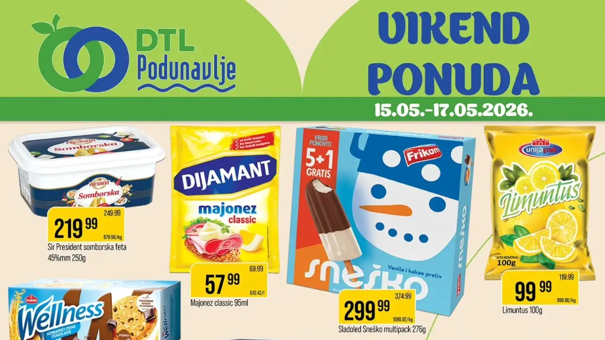DTL Podunavlje vikend ponuda do 17.05.2026 – Aqua Viva 89,99 din, Jaffa Cakes 234,99 din i Frikom Sneško 299,99 din