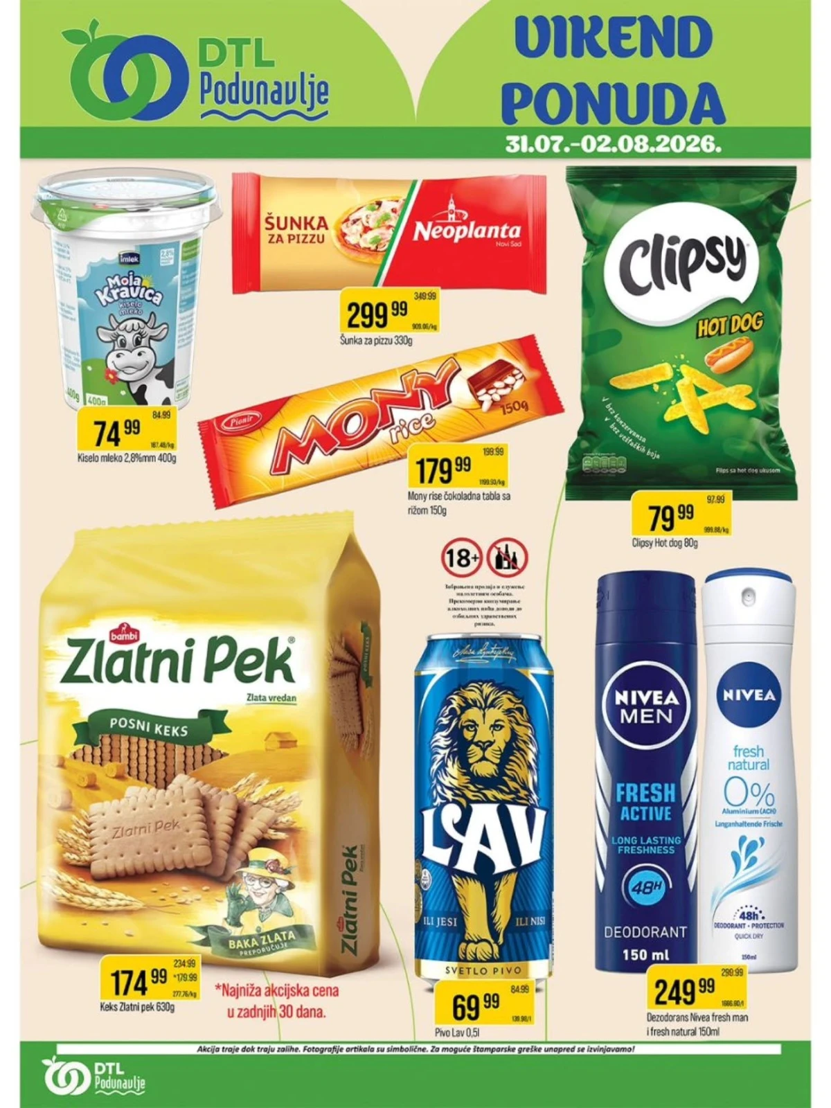DTL Podunavlje vikend ponuda do 02.08.2026. – kiselo mleko, šunka za pizzu, keks, grickalice, pivo i dezodoransi po akcijskim cenama