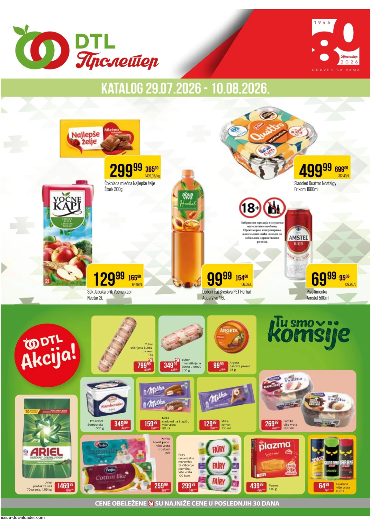 DTL Proleter katalog donosi akcijske cene na čokolade, sladolede, sokove, ledeni čaj, mesne prerađevine, kućnu hemiju i prehrambene proizvode od 29.07. do 10.08.2026.