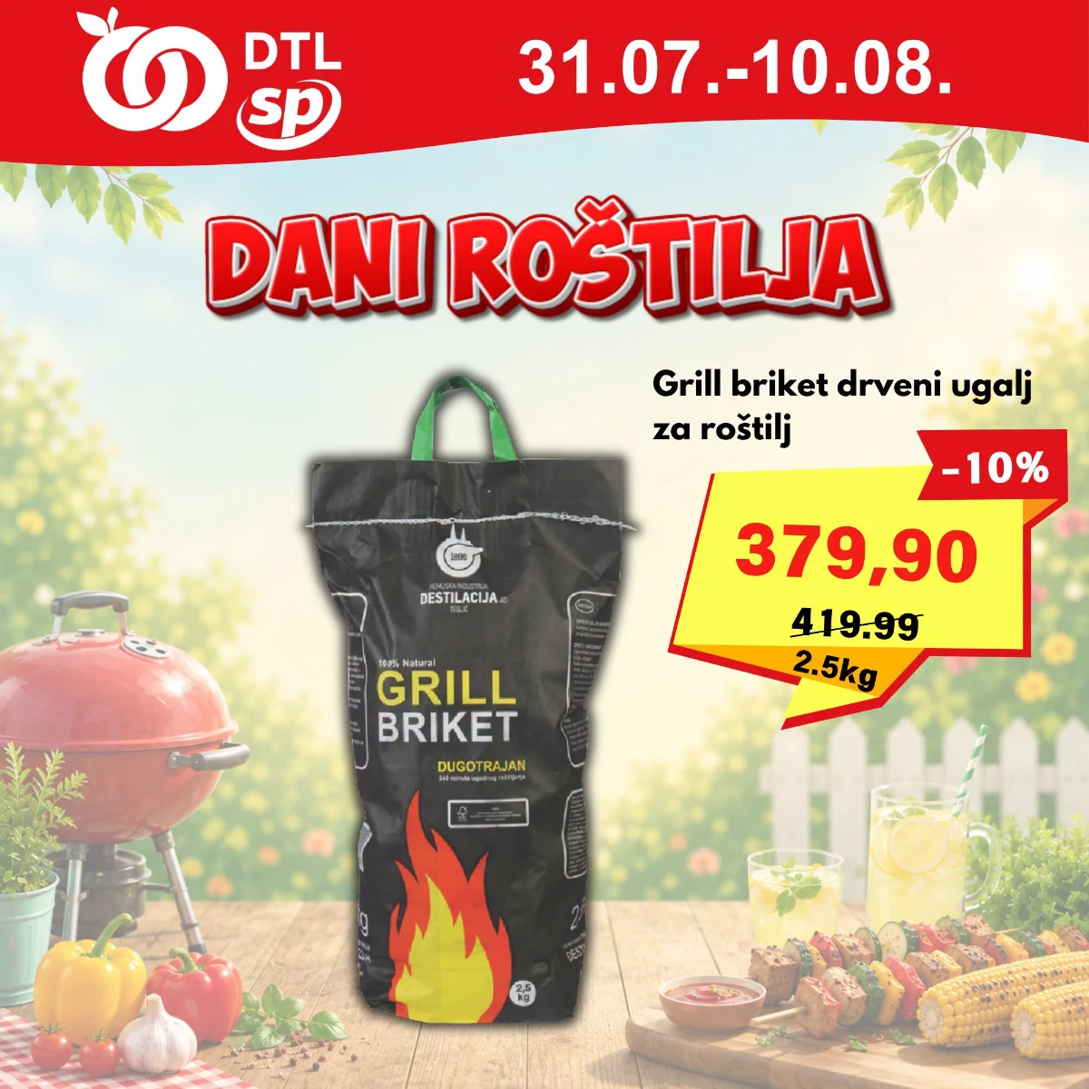 DTL SP Marketi Dani roštilja do 10.08.2026. – Grill briket drveni ugalj za roštilj 2,5 kg po ceni od 379,90 dinara