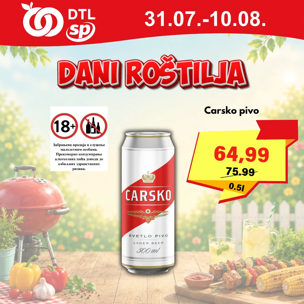 DTL SP Marketi Dani roštilja do 10.08.2026. – Carsko svetlo pivo 0,5 l po akcijskoj ceni od 64,99 dinara