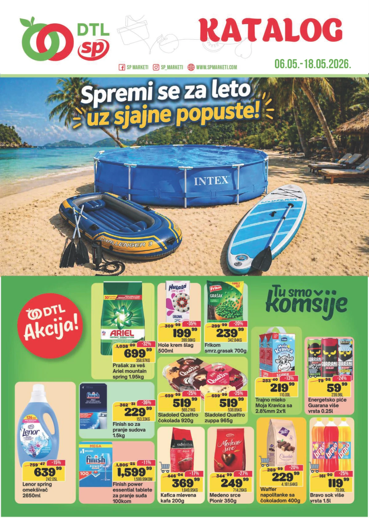 SP Marketi katalog akcija do 18.05.2026 bazeni kafa Ariel Quattro sladoled Guarana i kućna hemija na sniženju